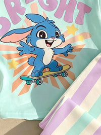 Baby Girl Casual Minimalist Cute Cartoon Blue Rabbit Lulu, Stitch Pattern, Striped, Round Neck Loose Short Sleeve T-Shirt And Leggings Set, Suitable For Spring/Summer, Kawaii, Graphic, Cozy, Vacation Style, Dopamine Color, Looks Of Party