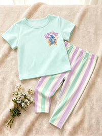 Baby Girl Casual Minimalist Cute Cartoon Blue Rabbit Lulu, Stitch Pattern, Striped, Round Neck Loose Short Sleeve T-Shirt And Leggings Set, Suitable For Spring/Summer, Kawaii, Graphic, Cozy, Vacation Style, Dopamine Color, Looks Of Party