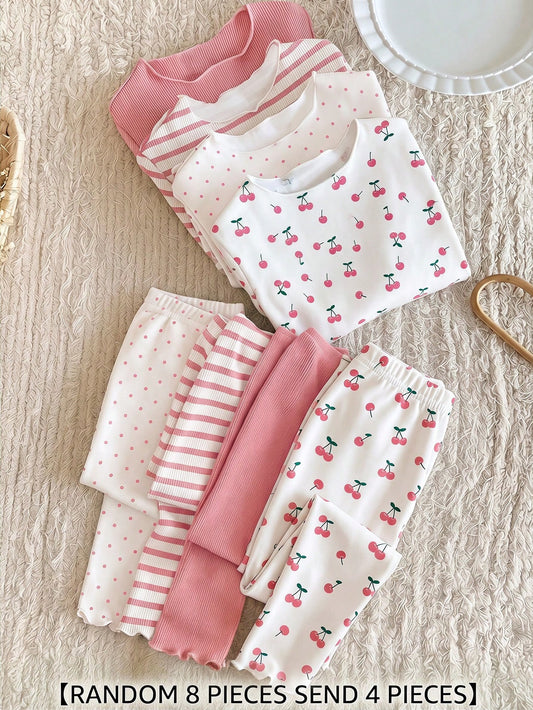 Baby Girl RANDOM 8pcs PIECES 4 PIECES, Vintage Casual White Polka Dot Brown Stripe Dark Brown Mini Cherry,