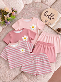Baby Girl 3pcs -Piece Set Of Short-Sleeved Tee With Shorts Floral Decoration For Casual Everyday Wear