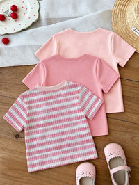 Baby Girl 3pcs -Piece Set Of Short-Sleeved Tee With Shorts Floral Decoration For Casual Everyday Wear