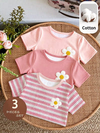 Set Kaos Lengan Pendek dan Celana Pendek Motif Bunga Bayi Perempuan 3 Pcs