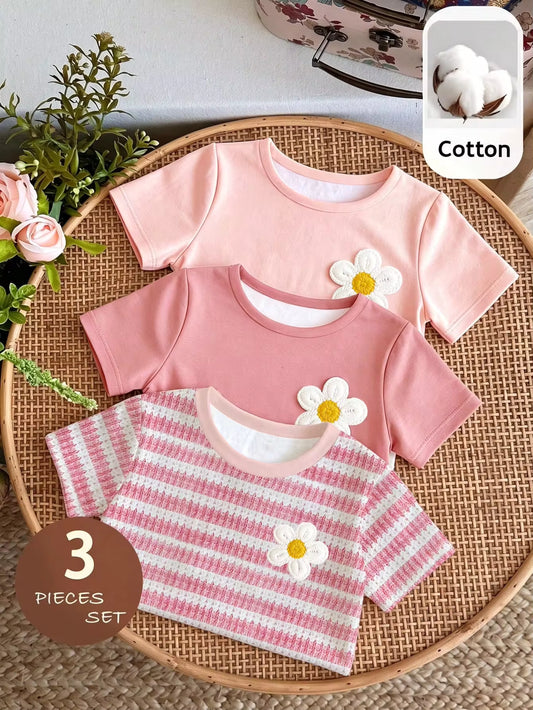 Set Kaos Lengan Pendek dan Celana Pendek Motif Bunga Bayi Perempuan 3 Pcs