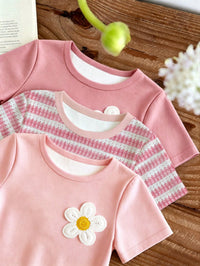Baby Girl 3pcs -Piece Set Of Short-Sleeved Tee With Shorts Floral Decoration For Casual Everyday Wear