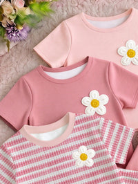 Baby Girl 3pcs -Piece Set Of Short-Sleeved Tee With Shorts Floral Decoration For Casual Everyday Wear