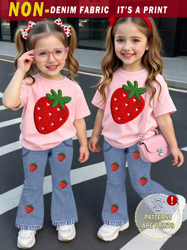 Baby Girls Strawberry Print T-Shirt and Flared Pants Set