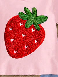 Baby Girl Spring And Summer Clothes, Casual Fashion Creative Personalized Fresh Summer Fruit Small Strawberry Pattern Print Casual Style Basic Short T-Shirt And Flared Pants Set, Cozy Summer And Fall Styles, Suitable For Spring, Summer, Autumn Infant Girl Atmosphere Outfits, Sets