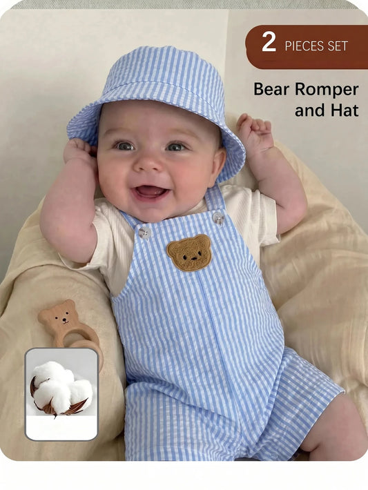 Set Overall Celana Pendek dan Topi Bayi Laki-Laki 2 Pcs