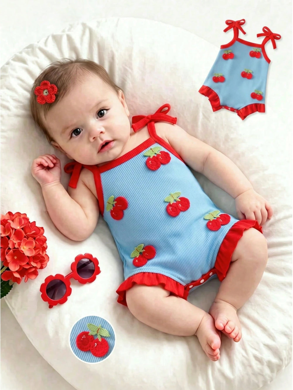 Bodysuit Tali Bayi Perempuan Hiasan Ceri 3D 1 Pc