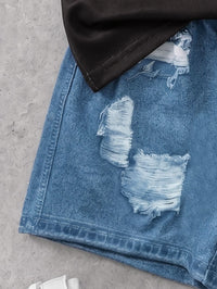 SHEIN Baby Boy Black Crew Neck Short Sleeve Top And Shorts Set, Letter Print On Top, Distressed Ripped Design On Shorts, Cool Black White Blue Color Block, Casual Fit, Perfect For Summer Wear