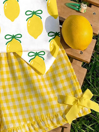 Baby Girl Casual Fashion Cute Lemon Bow Print, Cute Flutter Sleeve Round Neck Top Suitable For Spring And Summer