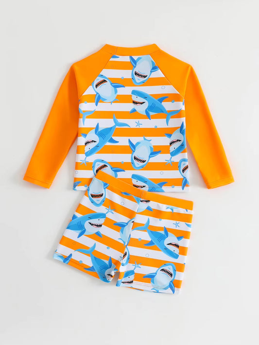 Set Baju Renang Lengan Panjang Motif Hiu Garis Bayi Laki-Laki 0-3 Tahun