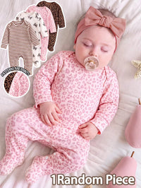 Jumpsuit Lengan Panjang Kerah Bulat Motif Macan Tutul Bayi Perempuan