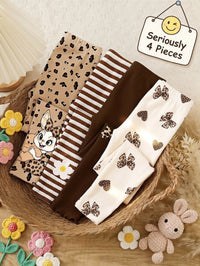 Seriously, 4 Pieces, Cute Sweet Maillard Color Leopard Print Cartoon Rabbit, Striped, Heart Bow Leopard Print, Baby Girl Bottoms, Outdoor Picnic, Outing, Street Style, Chill Chill