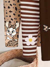 Seriously, 4 Pieces, Cute Sweet Maillard Color Leopard Print Cartoon Rabbit, Striped, Heart Bow Leopard Print, Baby Girl Bottoms, Outdoor Picnic, Outing, Street Style, Chill Chill