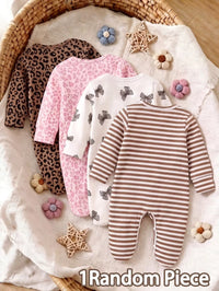 Jumpsuit Lengan Panjang Kerah Bulat Motif Macan Tutul Bayi Perempuan