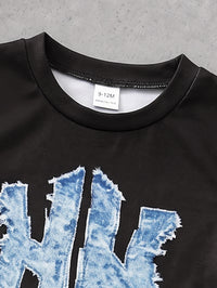 SHEIN Baby Boy Black Crew Neck Short Sleeve Top And Shorts Set, Letter Print On Top, Distressed Ripped Design On Shorts, Cool Black White Blue Color Block, Casual Fit, Perfect For Summer Wear