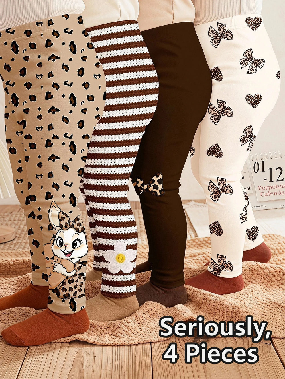 Seriously, 4 Pieces, Cute Sweet Maillard Color Leopard Print Cartoon Rabbit, Striped, Heart Bow Leopard Print, Baby Girl Bottoms, Outdoor Picnic, Outing, Street Style, Chill Chill