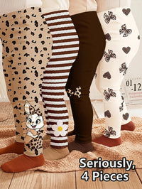 Seriously, 4 Pieces, Cute Sweet Maillard Color Leopard Print Cartoon Rabbit, Striped, Heart Bow Leopard Print, Baby Girl Bottoms, Outdoor Picnic, Outing, Street Style, Chill Chill