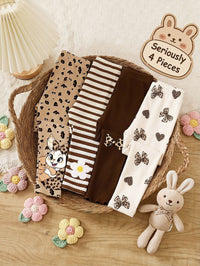 Seriously, 4 Pieces, Cute Sweet Maillard Color Leopard Print Cartoon Rabbit, Striped, Heart Bow Leopard Print, Baby Girl Bottoms, Outdoor Picnic, Outing, Street Style, Chill Chill