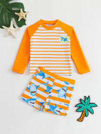 Set Baju Renang Lengan Panjang Motif Hiu Garis Bayi Laki-Laki 0-3 Tahun