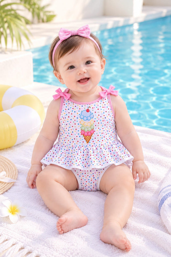 Ellie 🐘 Ice Cream Polka Dot Knit Swim Romper