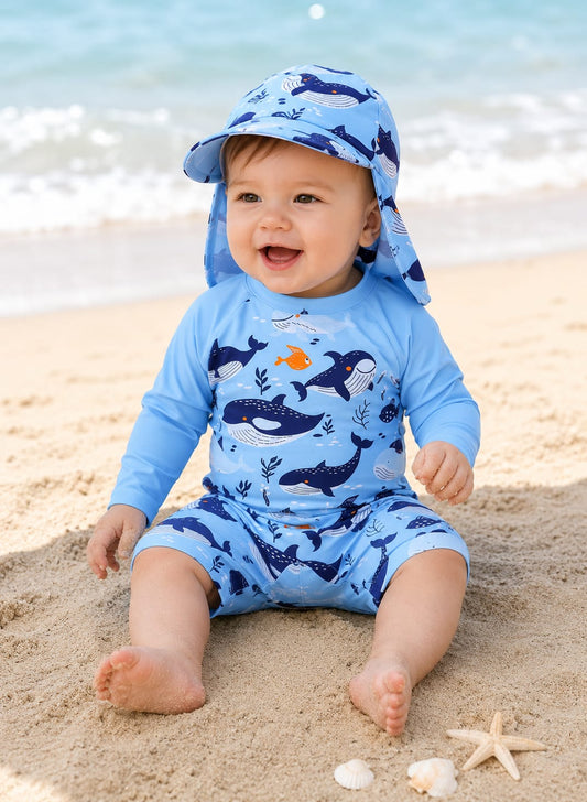 Tobi 🐶 Whale Print Long Sleeve Swim Jumpsuit & Hat Set