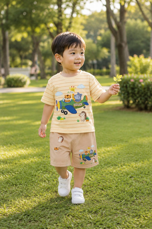 Archie 🦁 Cartoon Stripe Tee & Shorts Set