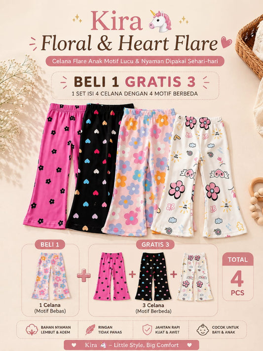 Kira 🦄 Floral & Heart Flare Pants 4-Piece Set