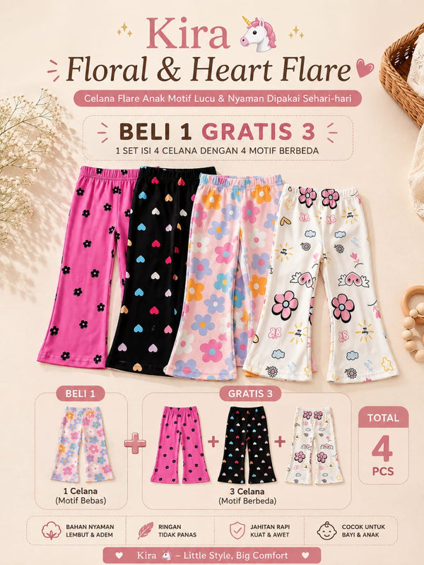 Kira 🦄 Floral & Heart Flare Pants 4-Piece Set