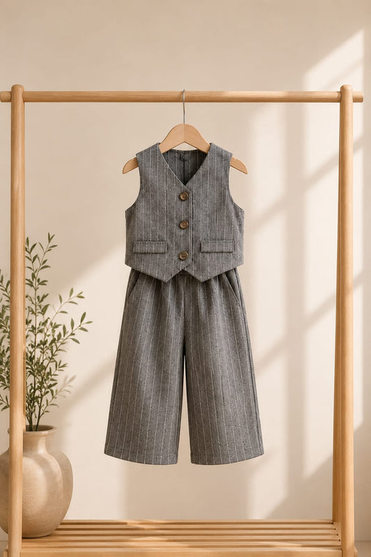 Bambi 🦌 Vest & Stripe Pants Set - Grey