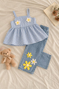 Clara 🌼 Gingham Daisy Peplum Top & Denim Pants Set