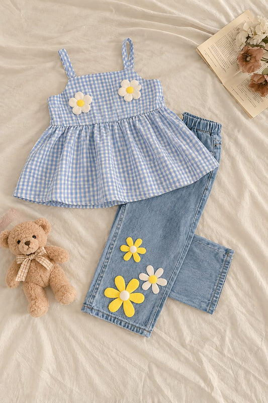 Clara 🌼 Gingham Daisy Peplum Top & Denim Pants Set
