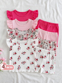 Petal 🌸 Floral & Solid Flutter Tee & Shorts, 4-Set (8 Pcs)