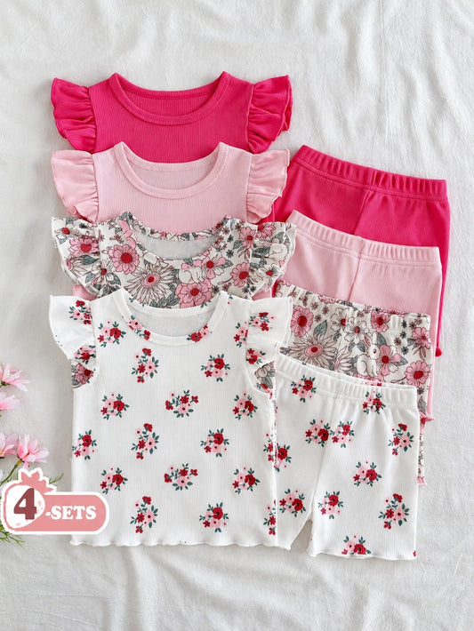Petal 🌸 Floral & Solid Flutter Tee & Shorts, 4-Set (8 Pcs)
