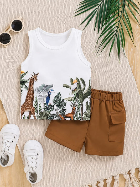 Zane 🦒 Safari Animal Print Vest & Cargo Shorts Set