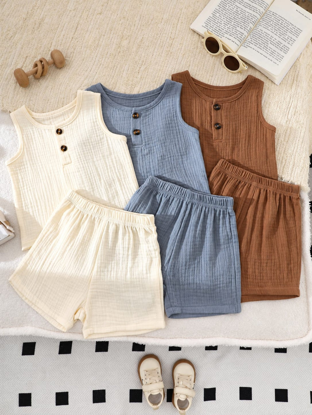 Rhett 🐻 Cotton Gauze Henley Tank & Shorts, 3-Set (6 Pcs)
