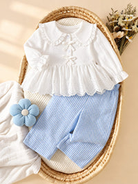Amelie 🎀 Eyelet Lace Blouse & Striped Pants Set