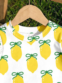 Baby Girl Casual Fashion Cute Lemon Bow Print, Cute Flutter Sleeve Round Neck Top Suitable For Spring And Summer