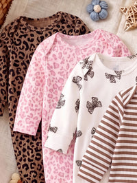 SHEIN ชุดจั๊มสูทเด็กทารกหญิง 1 ชิ้น แบบสุ่ม ลายเสือดาวน่ารัก คอกลม แขนยาว ทรงเข้ารูป ผ้าเนื้อนุ่ม สำหรับฤดูใบไม้ร่วงและฤดูหนาว