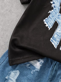 SHEIN Baby Boy Black Crew Neck Short Sleeve Top And Shorts Set, Letter Print On Top, Distressed Ripped Design On Shorts, Cool Black White Blue Color Block, Casual Fit, Perfect For Summer Wear