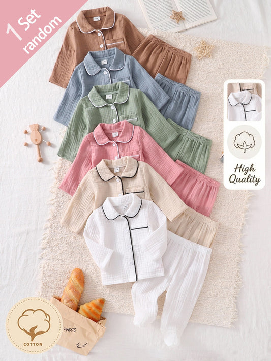 (Random 6-Piece Set) Newborn Cotton Crinkle Fabric Solid Color Gray Blue Bean Red White Apricot Coffee Bean Green Comfortable Soft Long Sleeve Cardigan Top And Footed Pants 2-Piece Home Loungewear Pajama Set