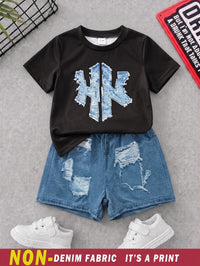 SHEIN Baby Boy Black Crew Neck Short Sleeve Top And Shorts Set, Letter Print On Top, Distressed Ripped Design On Shorts, Cool Black White Blue Color Block, Casual Fit, Perfect For Summer Wear