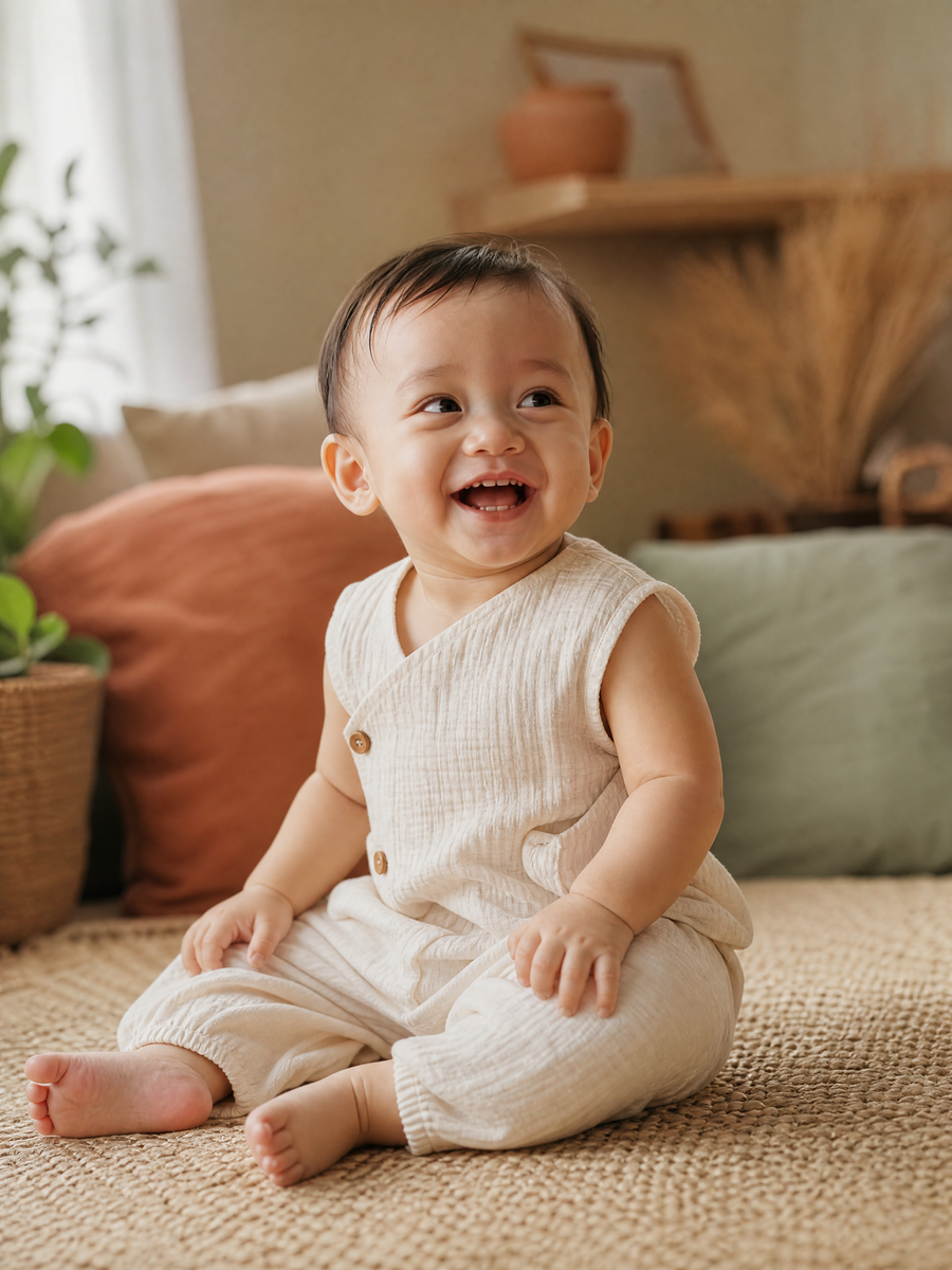 Bayi tersenyum mengenakan pakaian katun Little Lumi