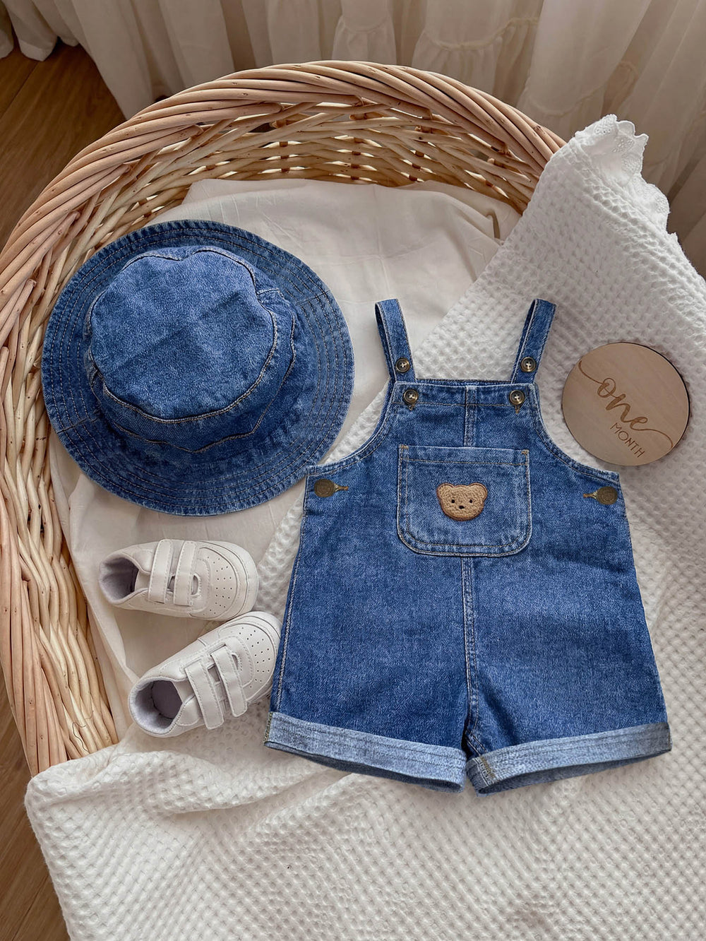 Set Romper Motif Denim dan Topi Bayi 2 Pcs